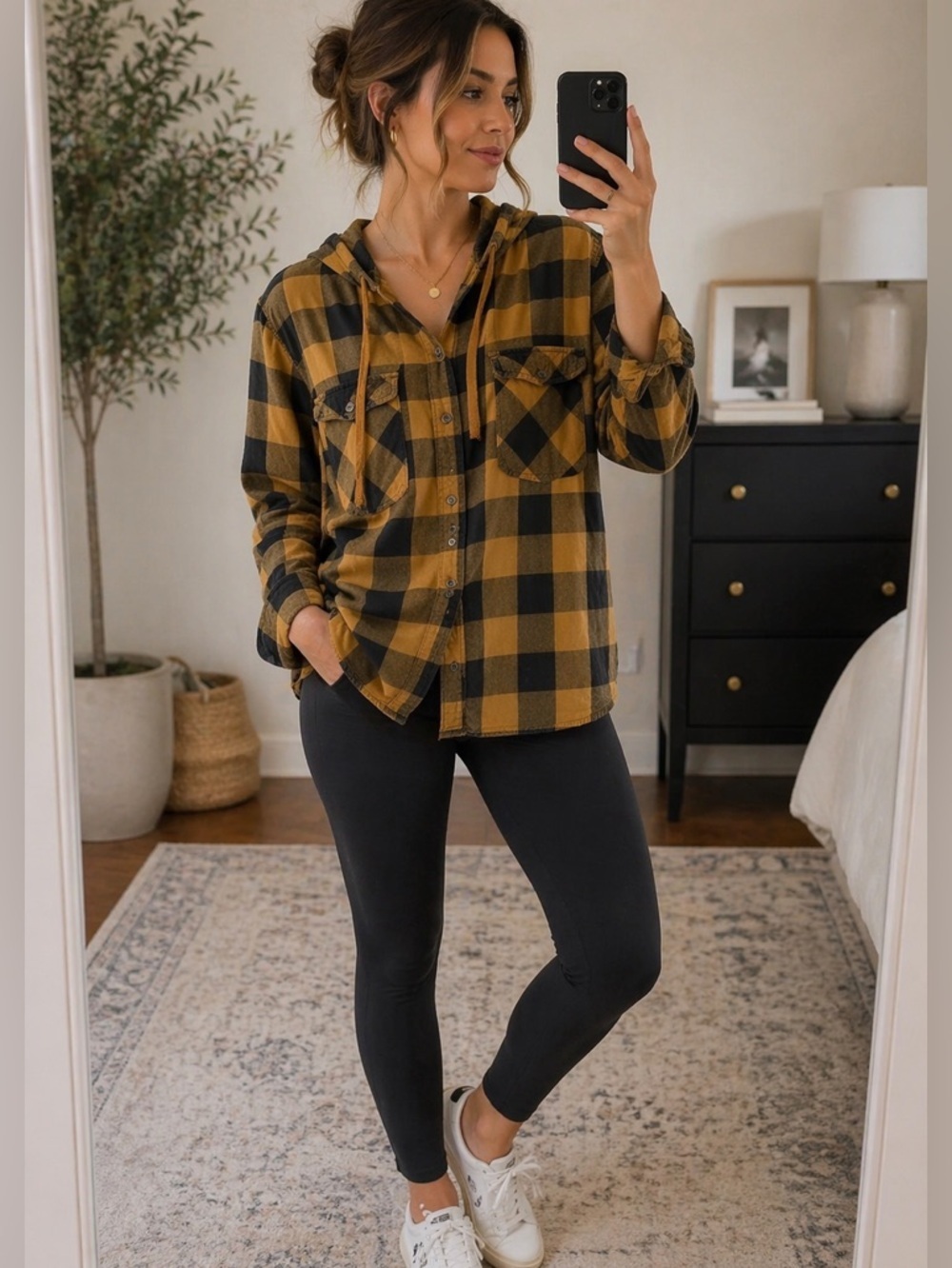 Columbia Cotton Button Down Hoodie Large Shacket Jacket Shirt Yellow Black Plaid